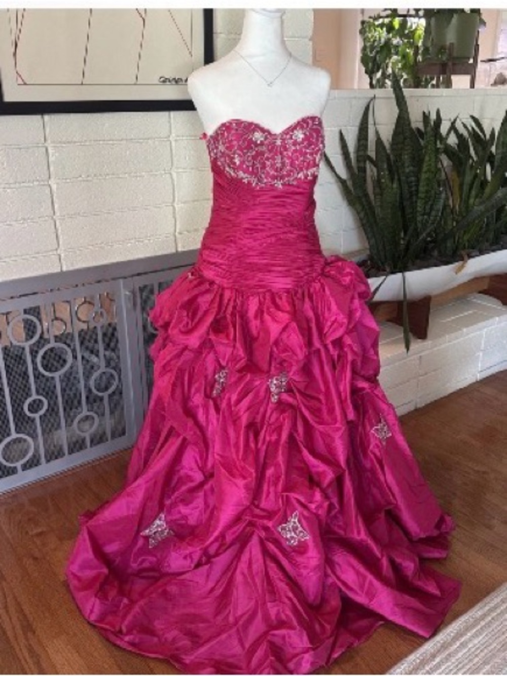 Hot Pink Strapless Beaded Ball Gown
